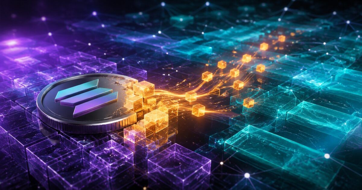 Solana coin beside a network of storage cells opening along a yellow-orange energy path