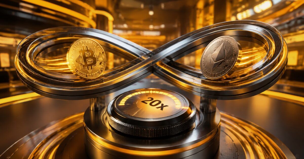 Bitcoin and Ethereum coins on a perpetual loop above a 20x leverage dial