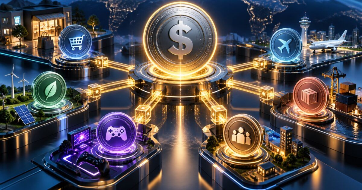 Dollar-backed digital coin connecting to application-specific tokens