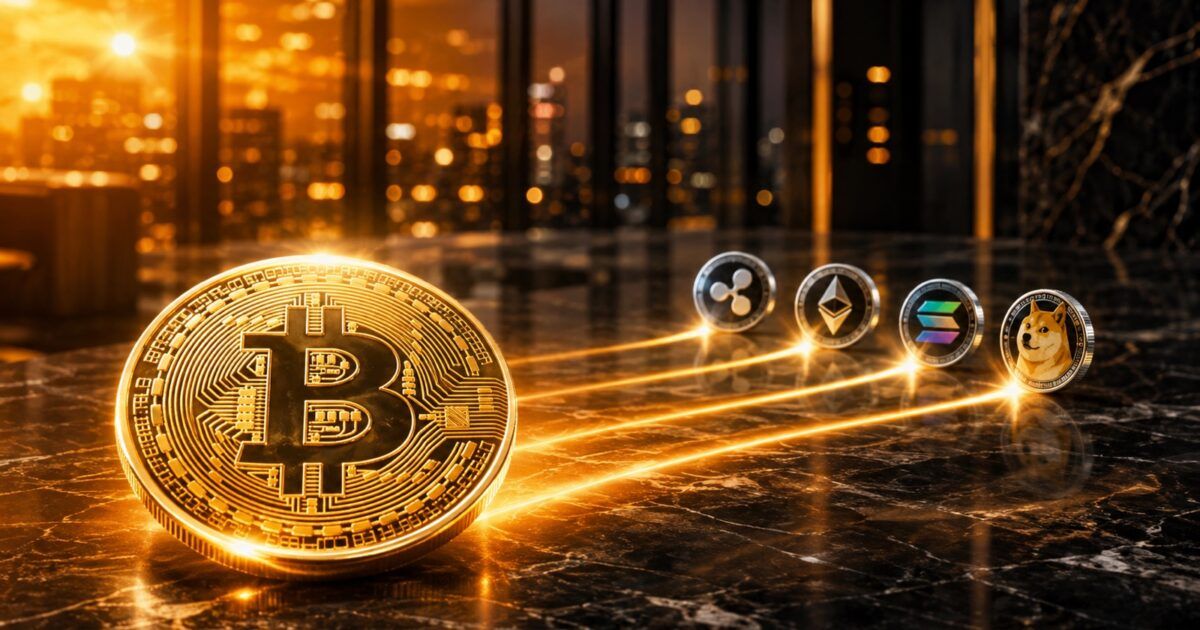 Bitcoin coin with XRP, Ethereum, Solana and Dogecoin symbols receding in a Tokyo financial setting