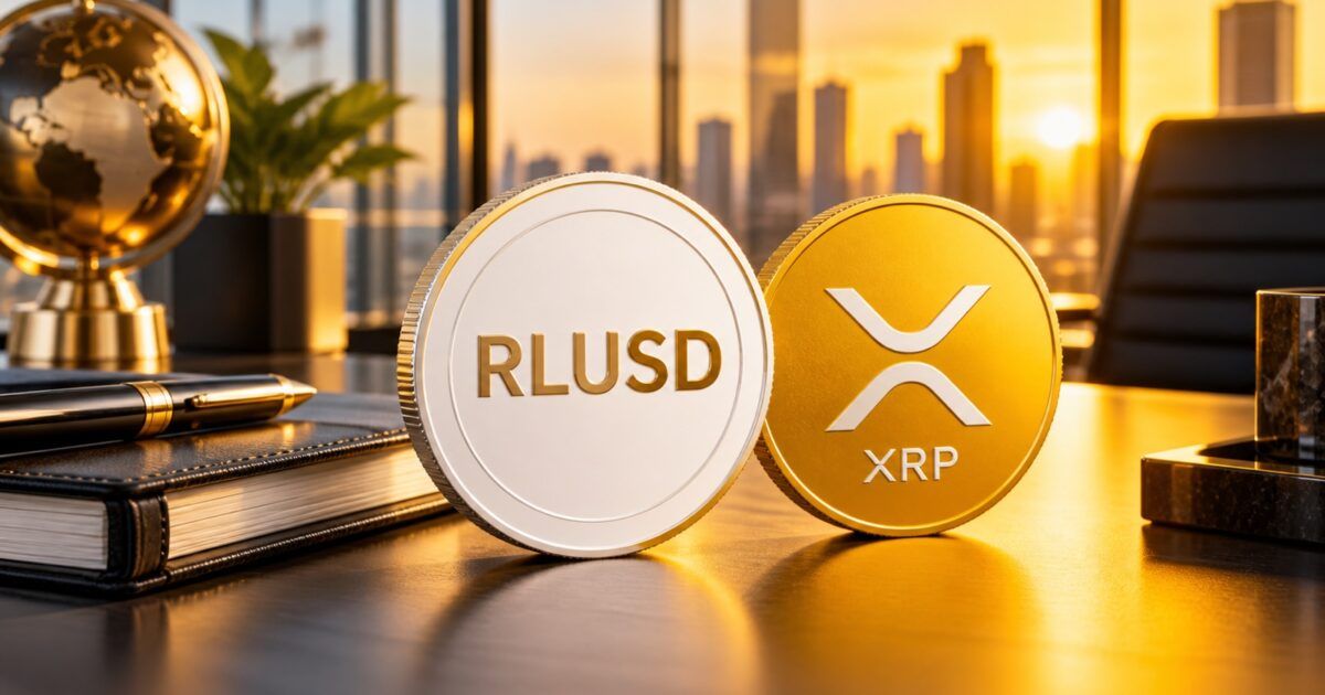 RLUSD and XRP coins on a corporate treasury desk in PCN yellow and orange