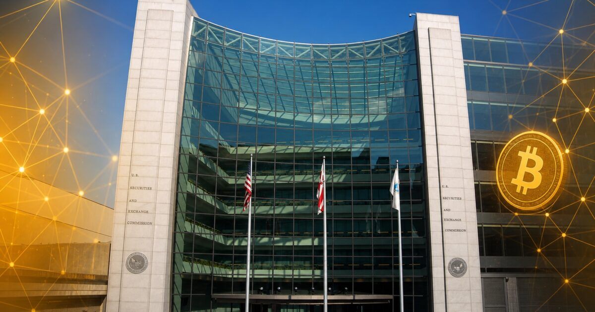 SEC headquarters with blockchain network treatment for transfer-agent rule overhaul