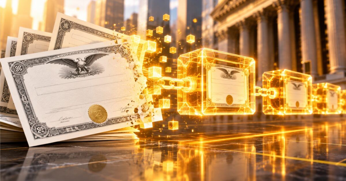 Stock certificates transforming into linked blockchain blocks in bright gold light