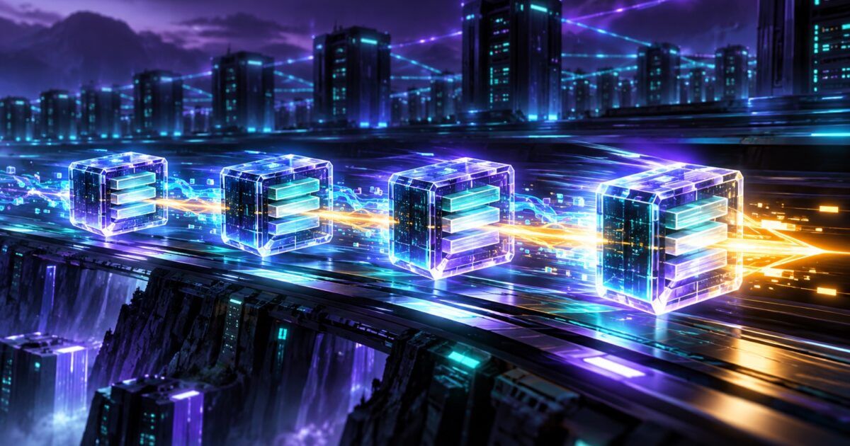 Four luminous block-production pulses racing through a violet and cyan validator network with a yellow-orange energy streak