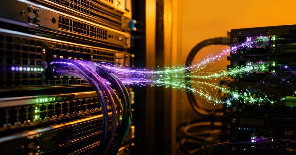 Server hardware with split purple and green data paths illustrating Solana Agave 4.2 reader compatibility risks