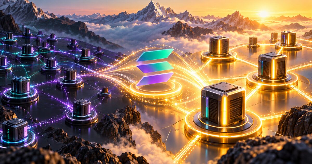 Solana validator nodes moving from a violet rehearsal network into a bright yellow-orange testnet