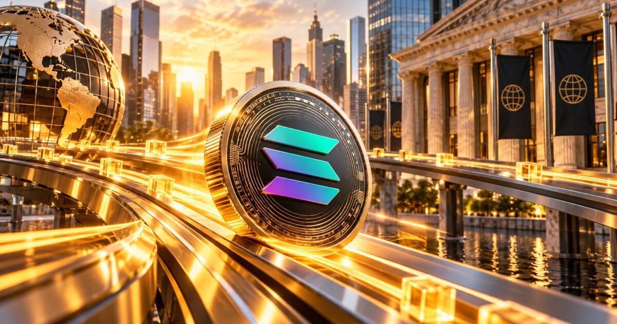 Solana coin moving through bright institutional payment rails