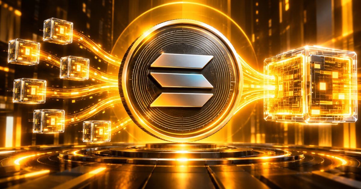 Solana emblem with data packets merging into a larger transaction block