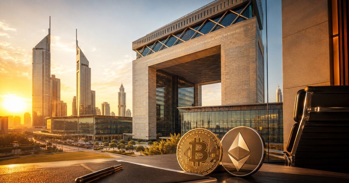 Bitcoin and Ether symbols overlooking Dubai International Financial Centre at sunrise