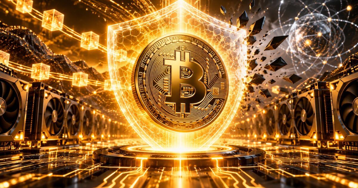 Bitcoin coin protected by a luminous cryptographic shield amid GPU computing hardware