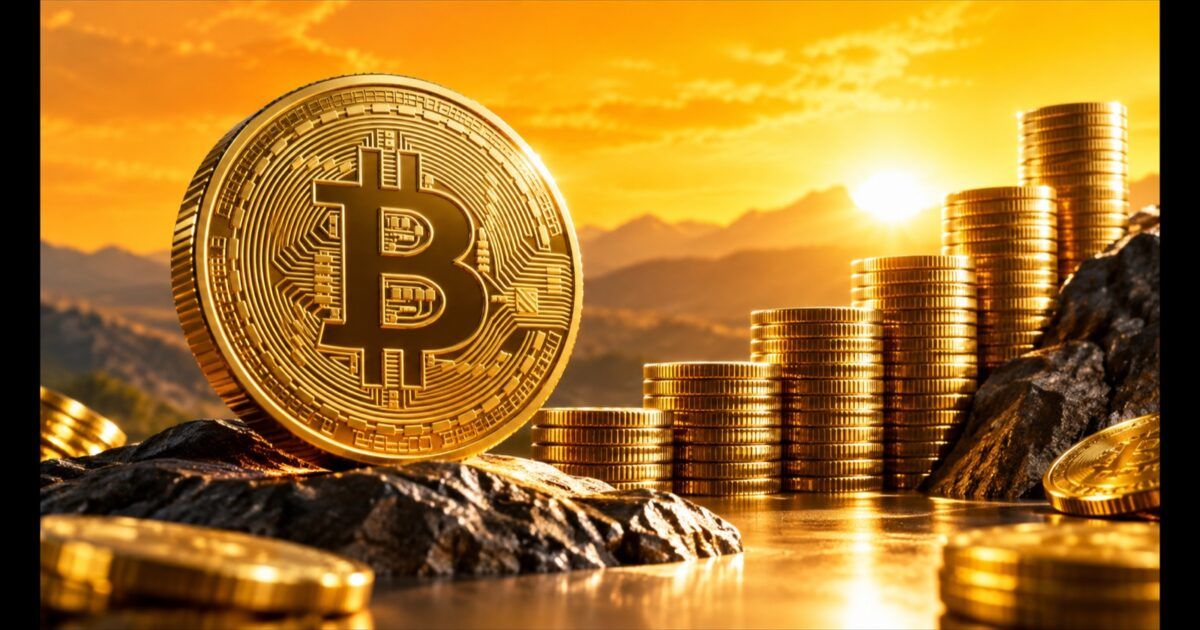 A large Bitcoin coin beside ascending stacks of coins in a yellow-orange landscape