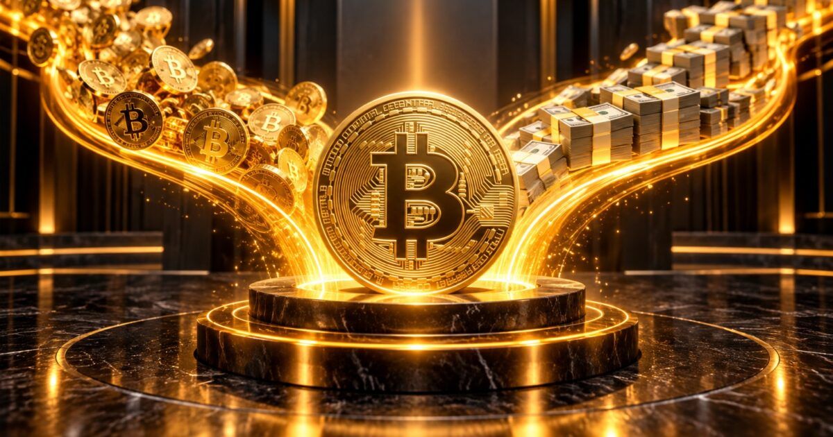 Bitcoin coin between two streams representing Strategy buying Bitcoin and repurchasing STRC shares