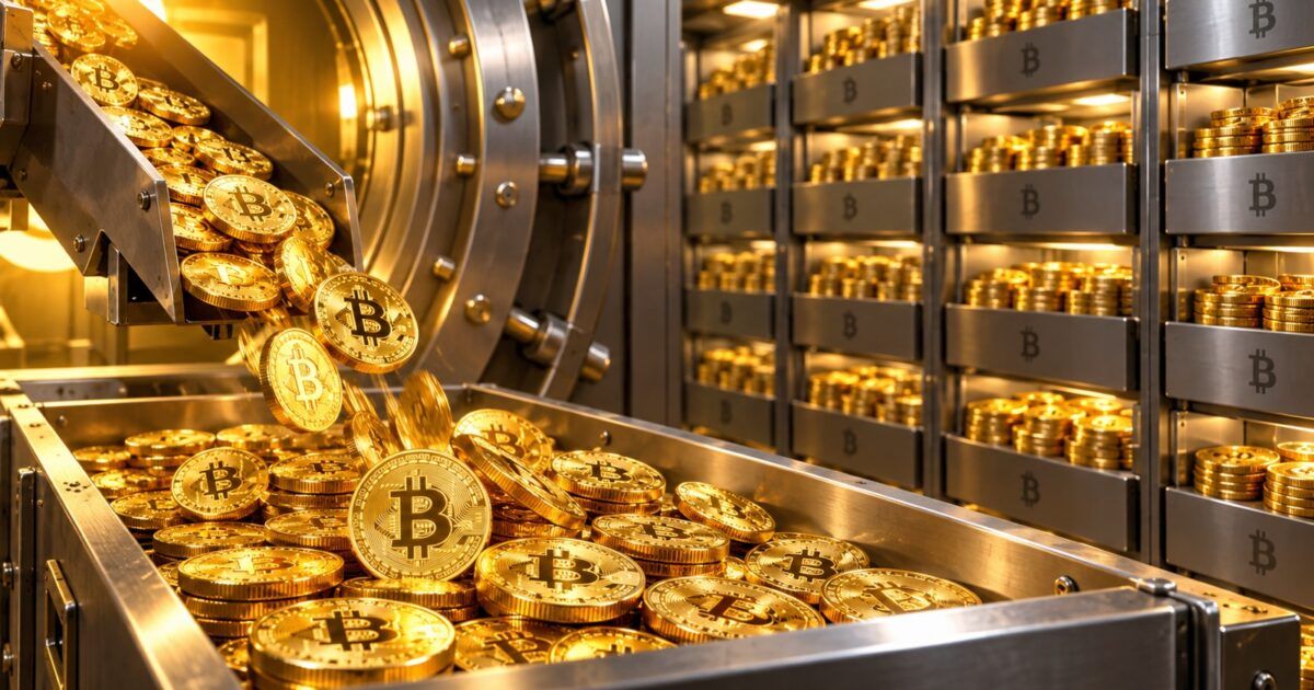 Bitcoin coins flowing into a secure institutional treasury vault