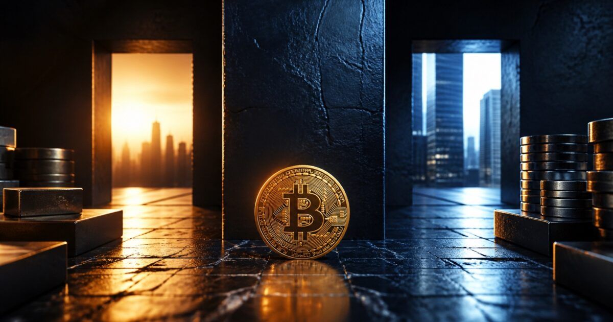 Bitcoin between contrasting corporate capital paths lit in gold and blue