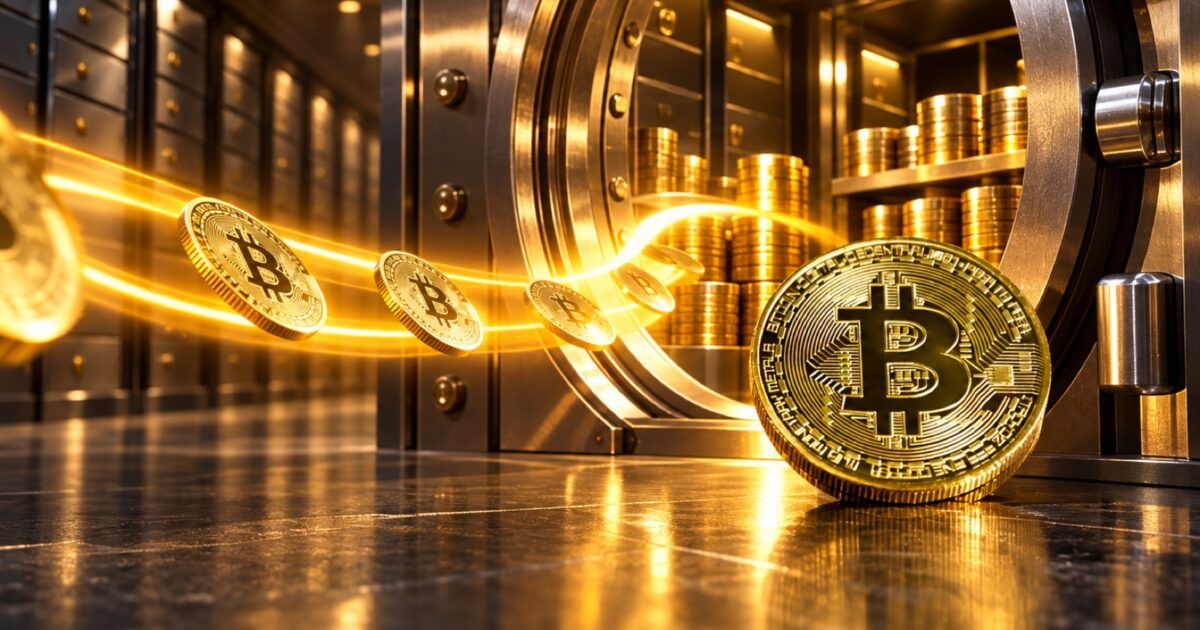 Bitcoin coins flowing into a secure corporate treasury vault
