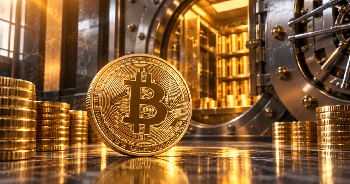Bitcoin coin in an institutional vault representing Strive reaching 27,462 BTC