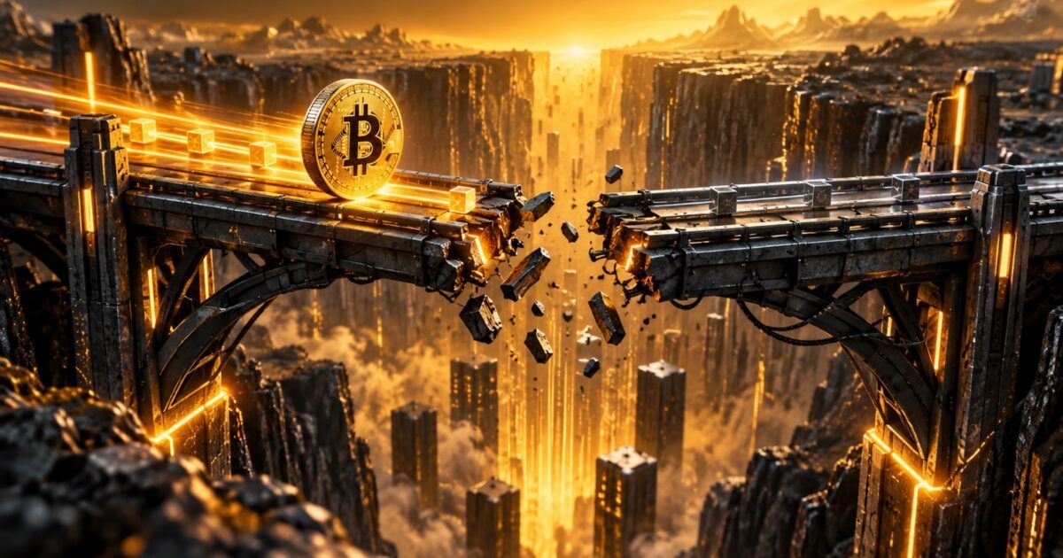 A fractured Bitcoin bridge with a halted transaction route