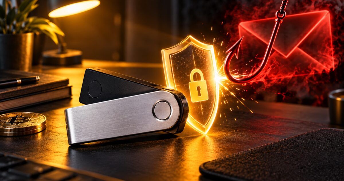 Hardware wallet shielded from a phishing email threat