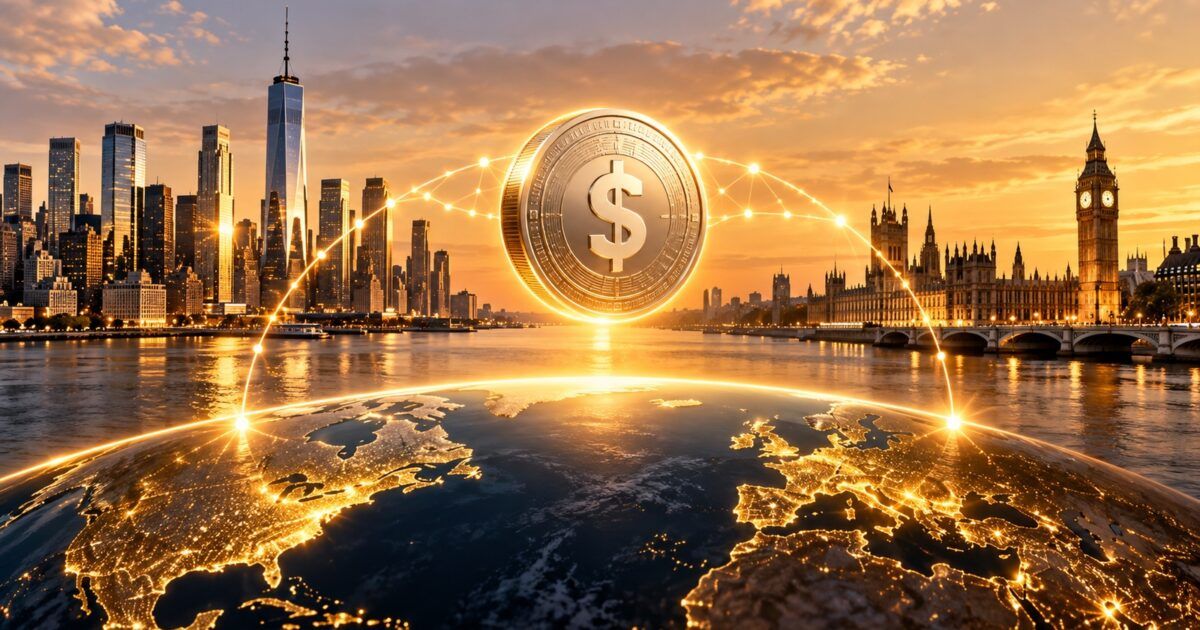 A digital dollar moving between North America and Europe over a glowing blockchain network