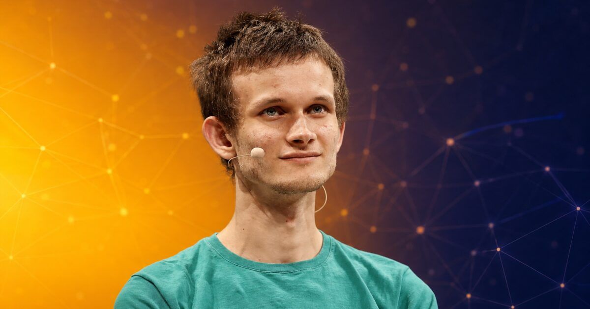 Vitalik Buterin against a yellow-orange and blue cryptography network background