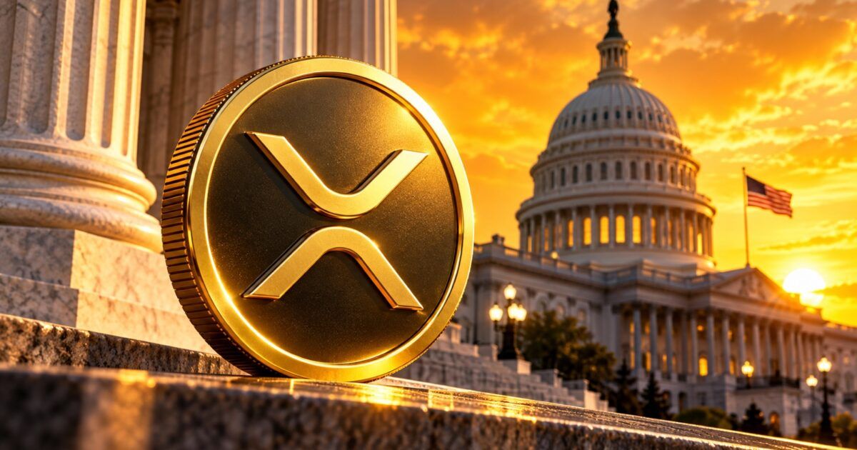 XRP symbol in front of the U.S. Capitol with gold-orange lighting