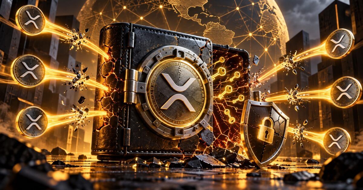 XRP coins streaming from a damaged digital wallet vault after a wallet security incident