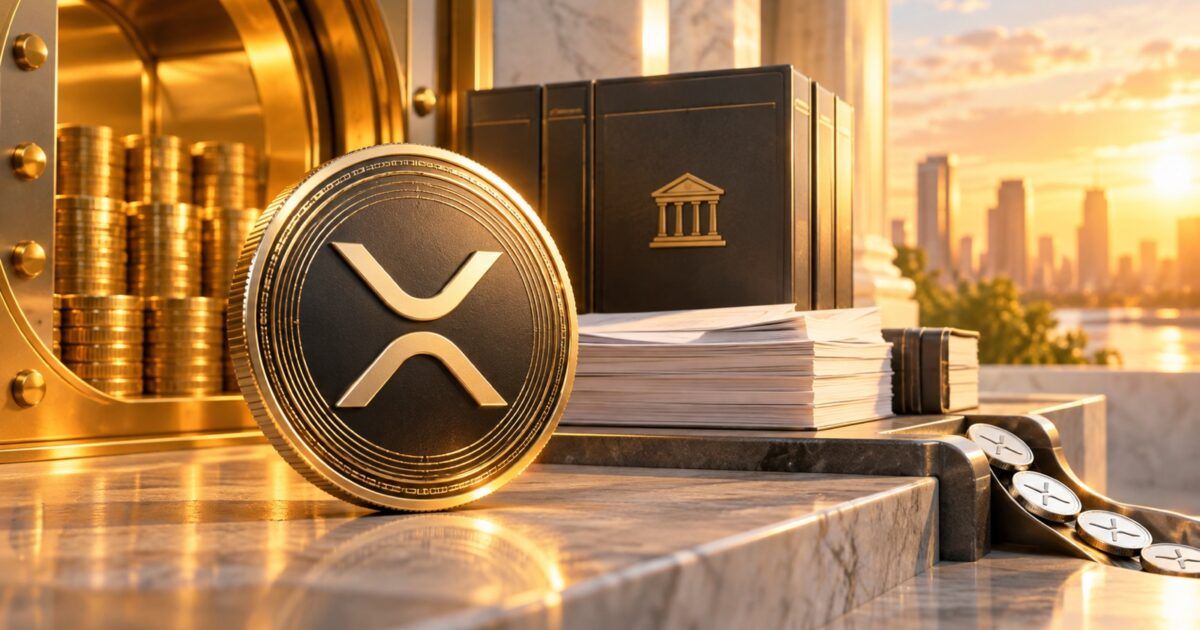 XRP coin beside institutional fund documents with a narrow token outflow