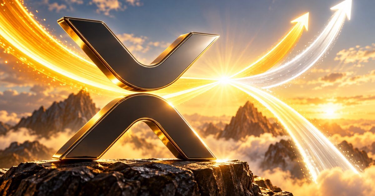 XRP symbol with converging yellow and white momentum arcs
