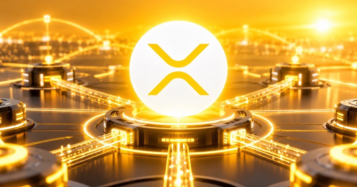XRP Ledger symbol above illuminated network infrastructure in ProCoinNews yellow and orange