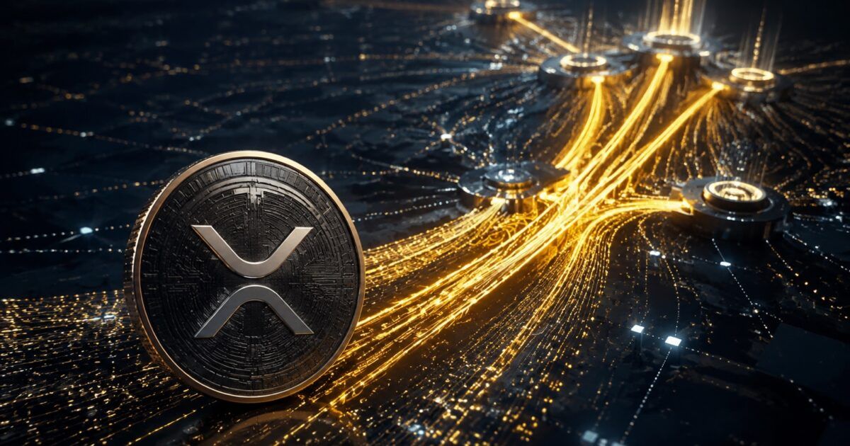 XRP coin beside concentrated golden transaction paths on a dark network