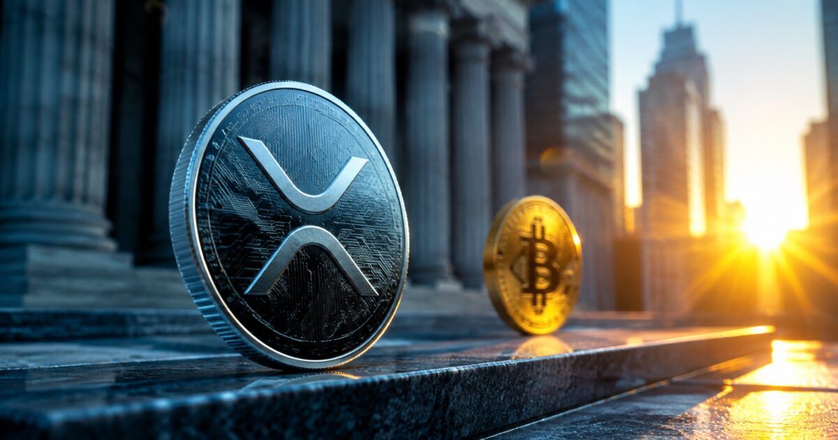 XRP coin leading Bitcoin into sunrise outside institutional market buildings