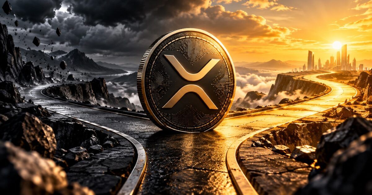 XRP coin at a bright and dark market crossroads