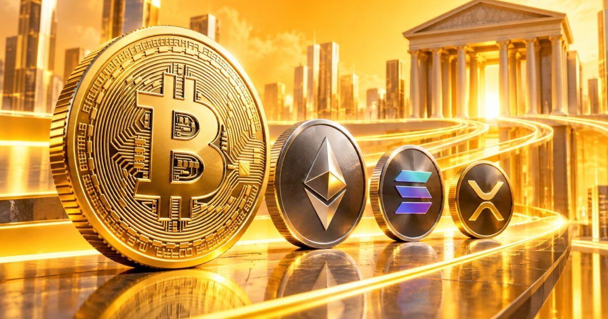 Bitcoin, Ethereum, Solana and XRP coins on a bright institutional capital pathway