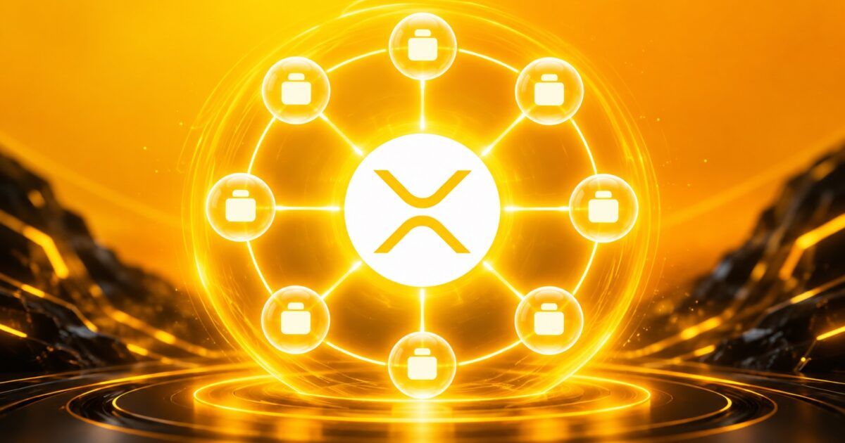 Eight linked transactions surrounding the XRP mark in a bright yellow-orange atomic payment network