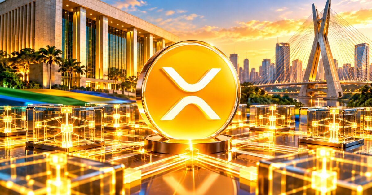 XRP symbol connected to institutional ledger nodes against a São Paulo-inspired financial skyline