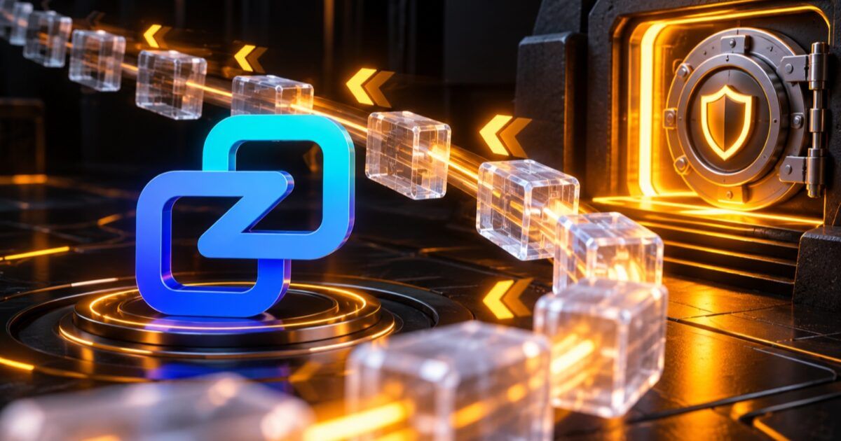 Zano network logo beside a blockchain path reversing toward a secure checkpoint