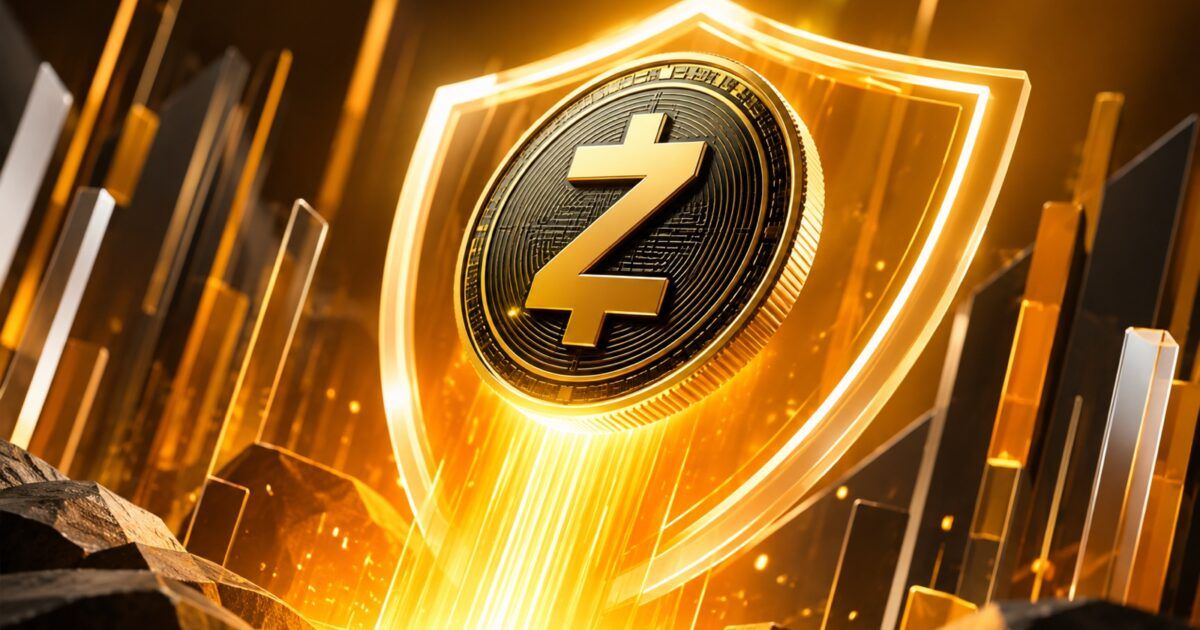 Metallic Zcash coin rising through a bright yellow-orange privacy shield