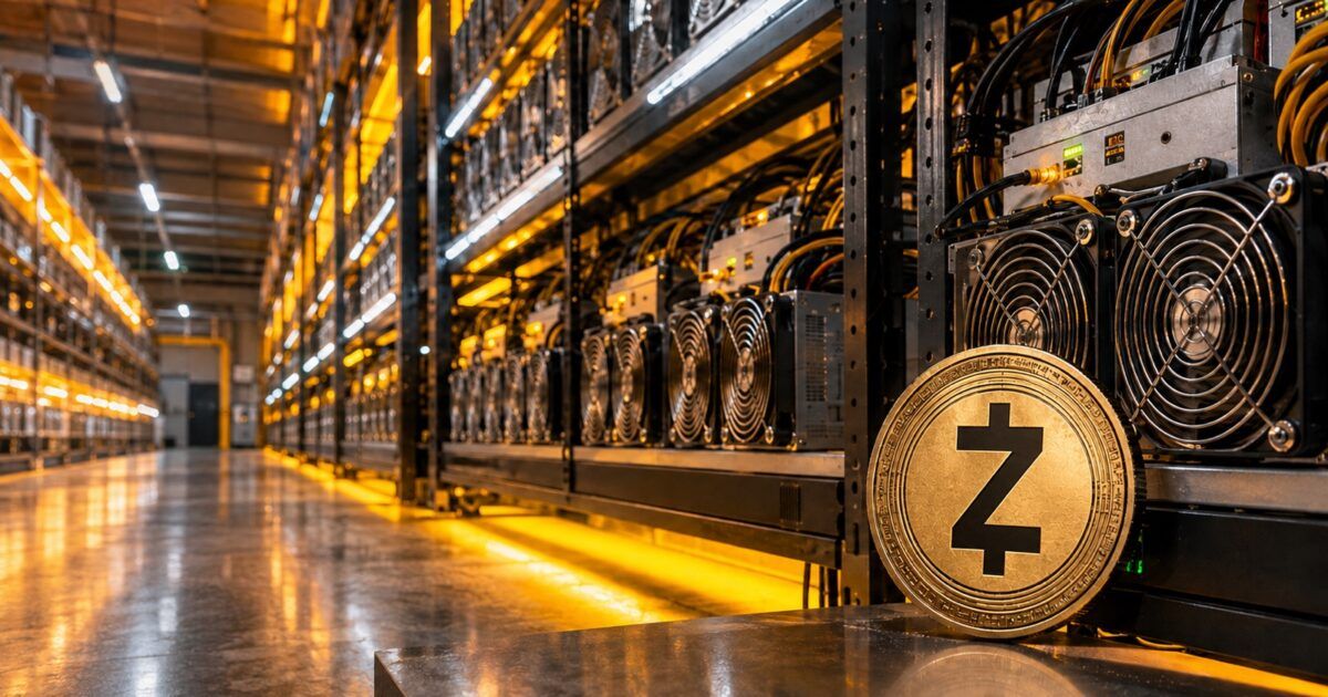 Zcash coin beside rows of cryptocurrency mining rigs
