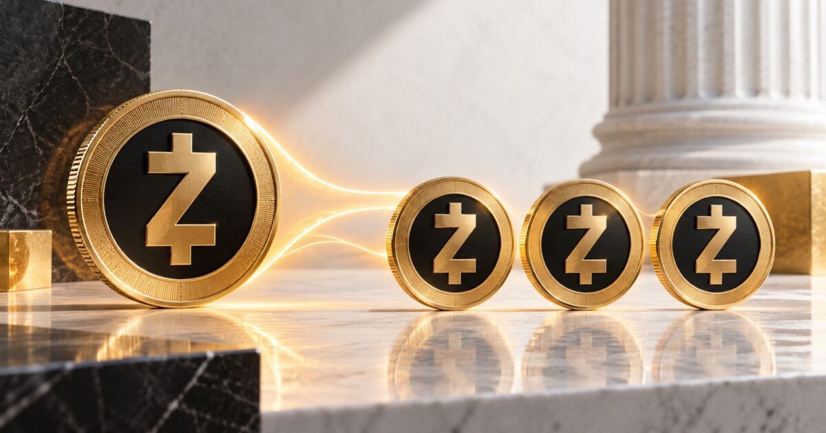 One Zcash coin dividing into three equal Zcash coins under golden light