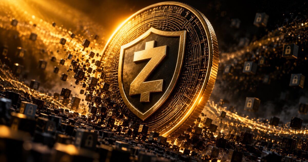 A Zcash privacy coin emerging through encrypted data in gold light