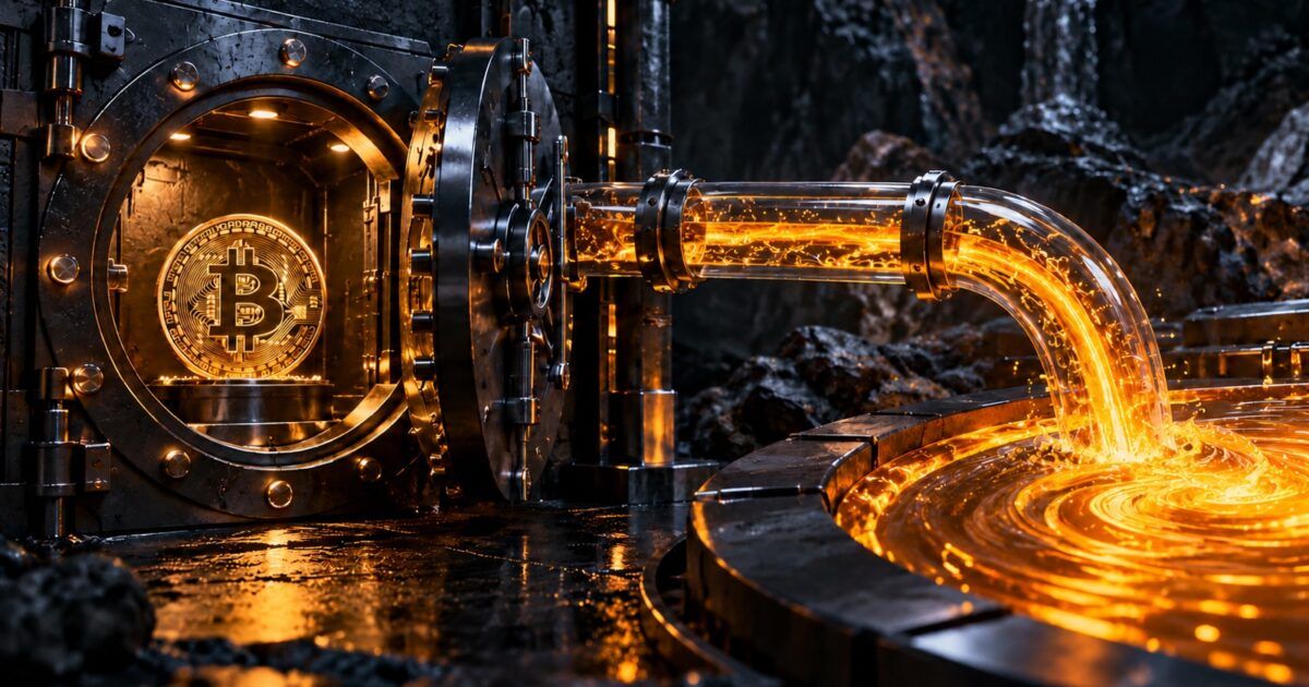 A Bitcoin vault connected to a separate glowing liquidation settlement channel