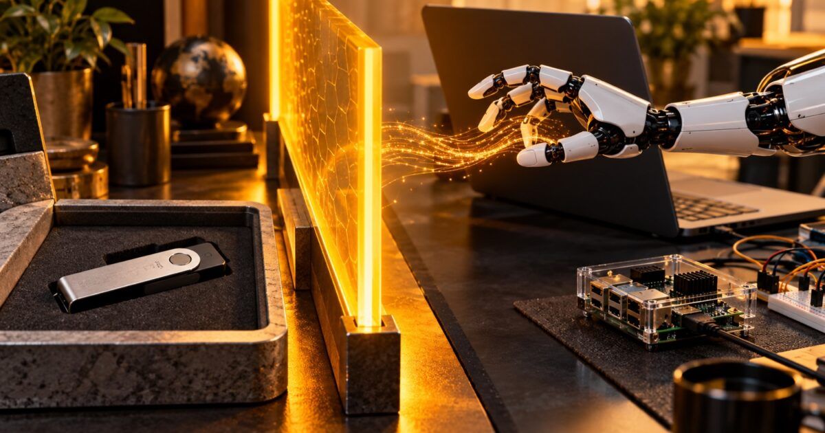 Signing key separated from an AI development bench by a glowing authorization barrier