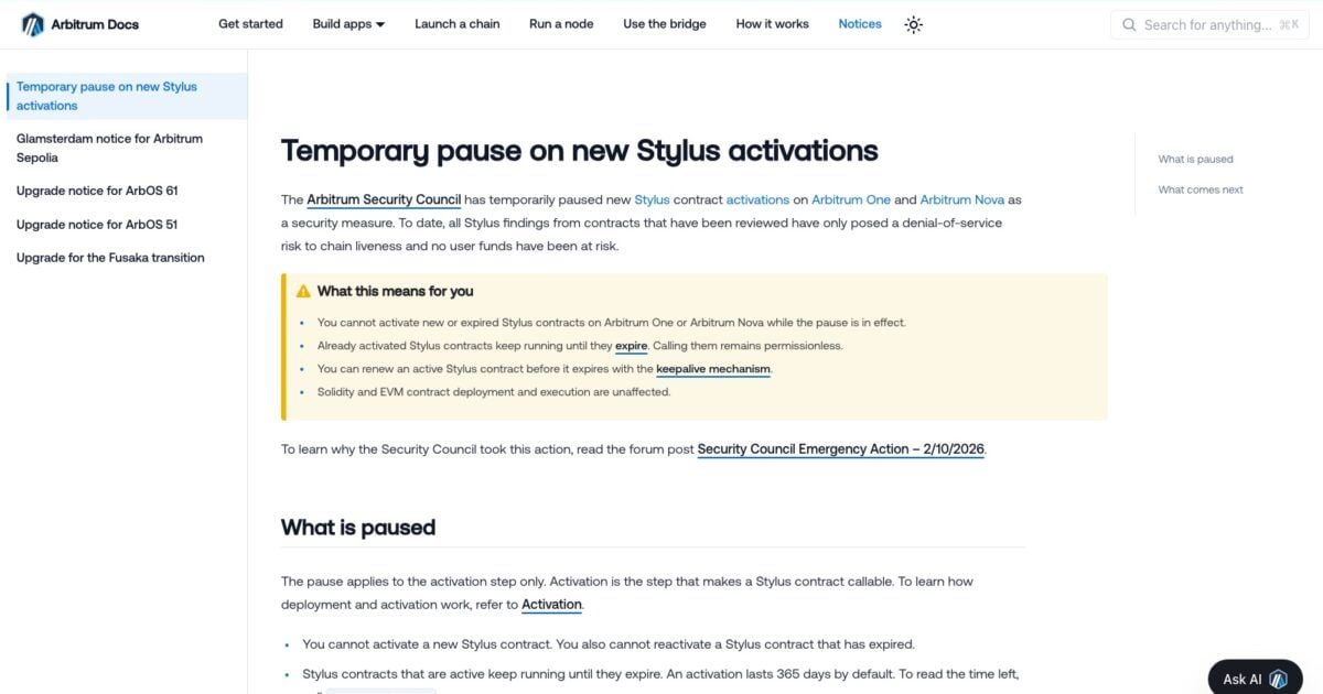 Arbitrum official notice explaining the temporary pause on new Stylus activations