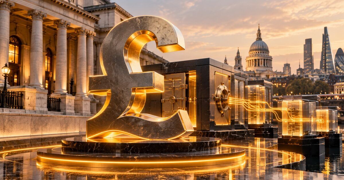 Sterling symbol and institutional custody vaults linked by digital settlement rails
