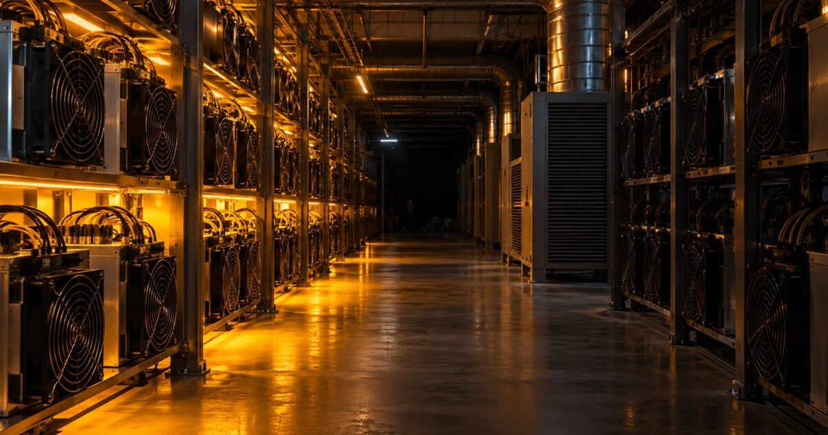 Rows of Bitcoin mining machines lit in yellow-orange as the facility darkens