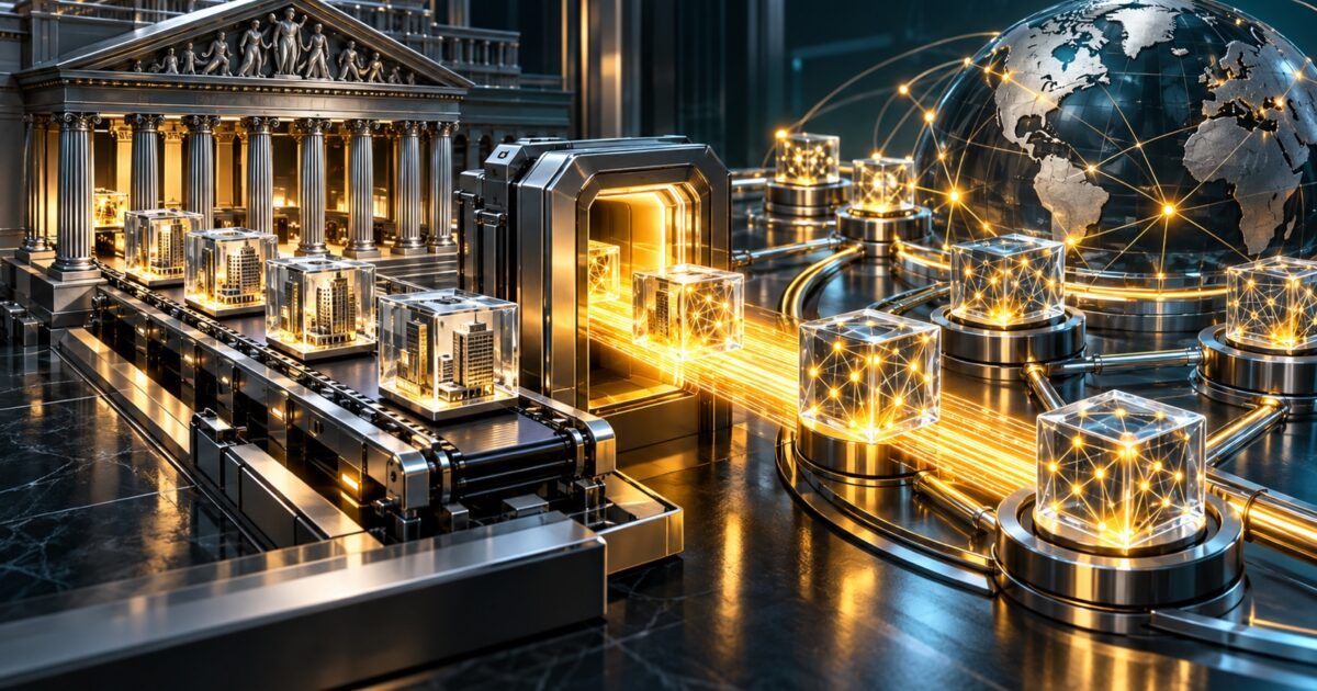 Tokenized equity assets moving from a traditional exchange into a global blockchain network