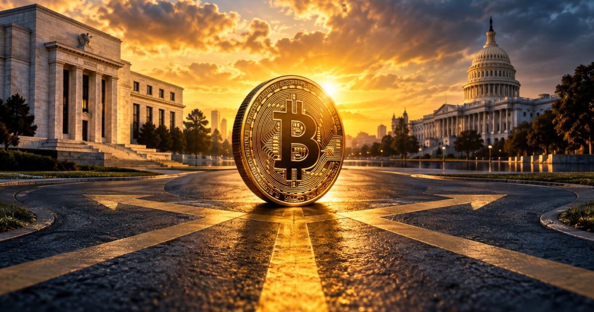 Bitcoin at a yellow-orange market crossroads representing its 2026 opening level