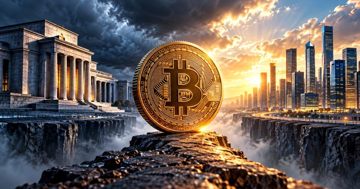 A physical Bitcoin between central-bank architecture and a technology skyline under clearing storm clouds