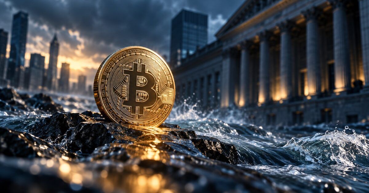 Bitcoin holding above dark market currents outside an institutional financial district