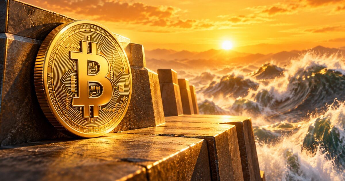 Bitcoin coin holding against a support ledge as market pressure approaches
